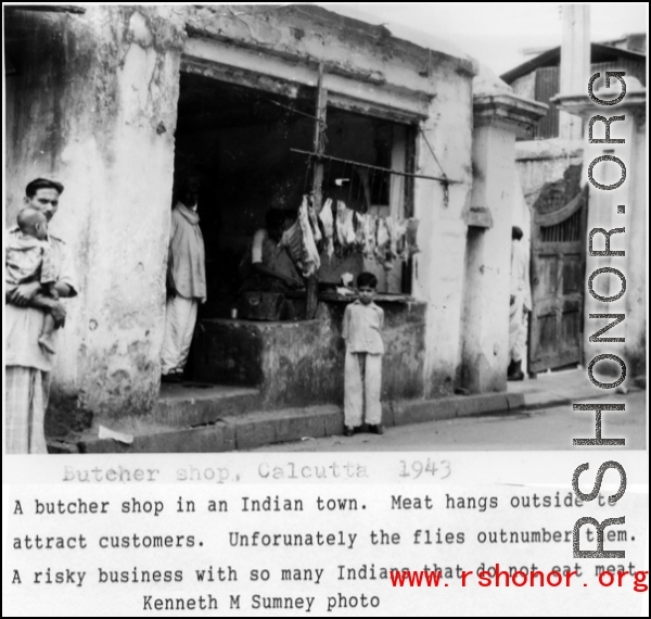 A butcher shop in Calcutta, 1943, during WWII.  Photo from Kenneth M. Sumney.