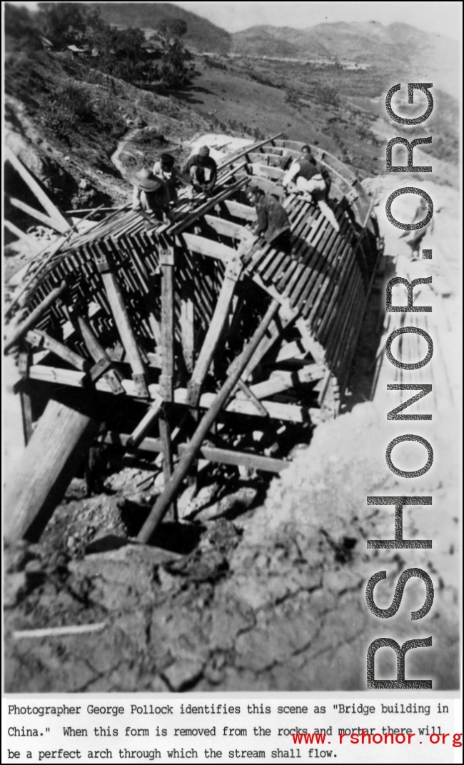 Chinese construction workers building an arched stone bridge in SW China during WWII.  From George Pollock.