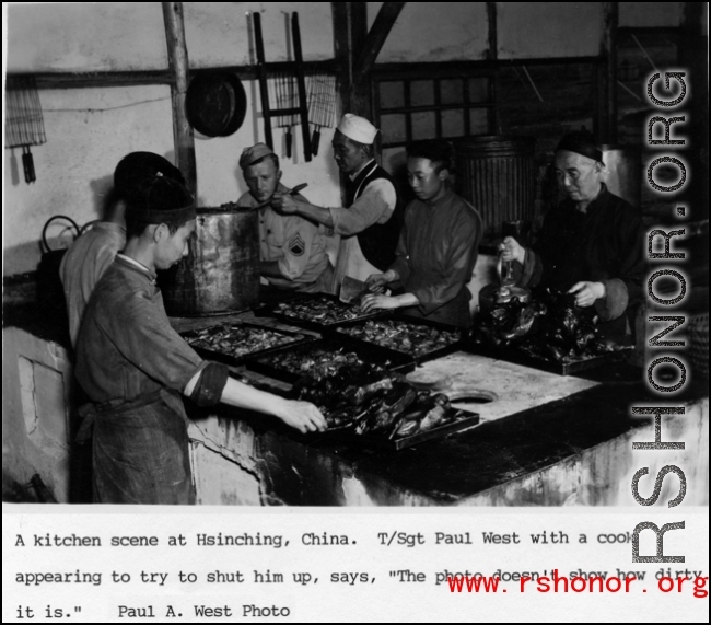 Kitchen at Hsinching, China during WWII. T/Sgt. Paul West with cook.  Photo from Paul A. West.