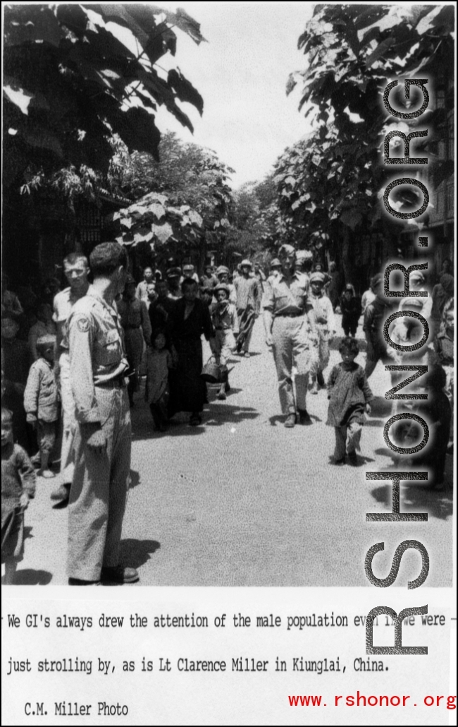 Lt. Clarence Miller walking in Kiunglai, China, not far from Chengdu, Sichuan province, China, where there was the A-5 base, for B-29 bombers.  Photo from Clarence W. Miller.