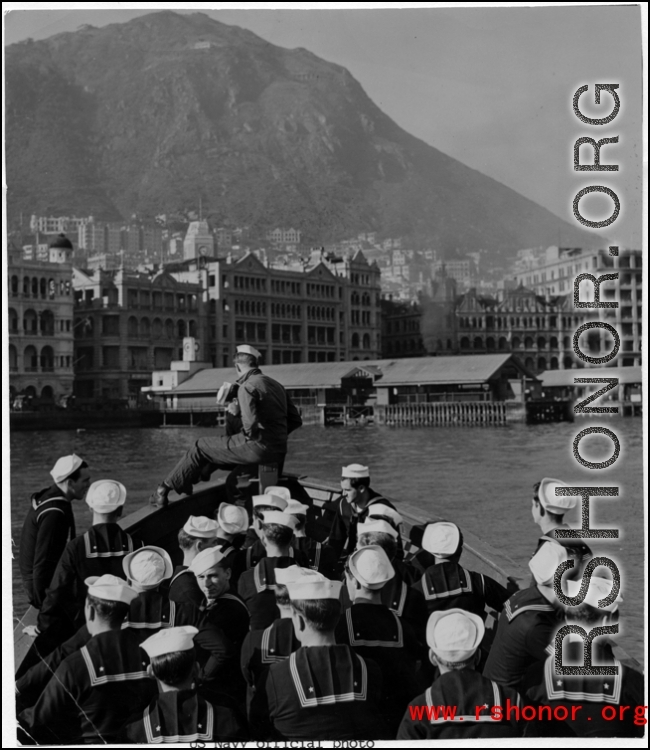 In Hong Kong on Jan. 16, 1946, Liberty-bound sailor of the United States Fleet head for liberty landing in downtown Victoria, Hong Kong.  Those who had been to Shanghai or North China found a pleasant change in Hong Kong's modern amenities. In the CBI.  U. S. Navy official photo.