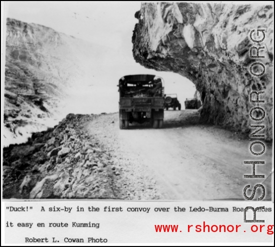 First convoy over the Ledo-Burma Road takes it easy en route to Kunming during WWII.  Photo from Robert L. Cowan.