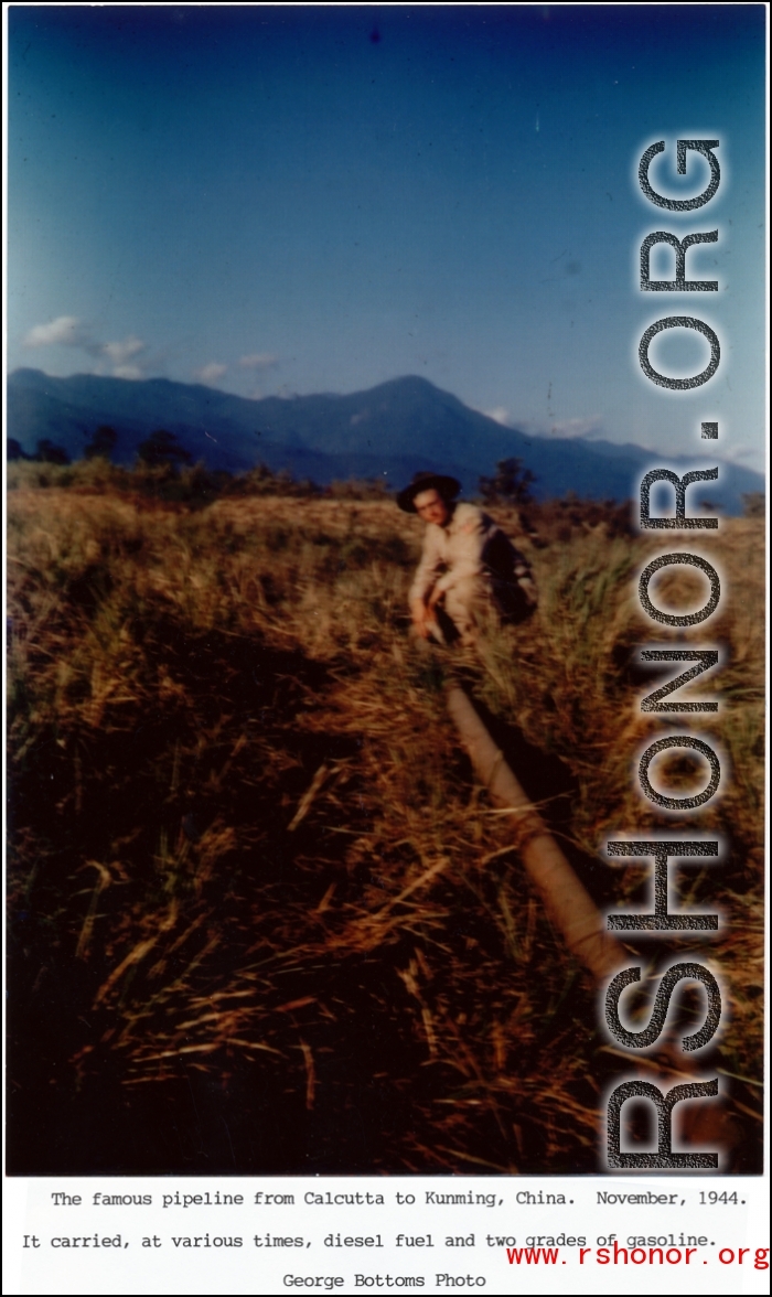 Some of the oil pipeline that stretched from Calcutta, India, to Kunming, China, during WWII. This image, from November 1944, is likely in western Yunnan province or just maybe eastern Burma. This pipeline carried, at various time, diesel and two grades of gasoline.  Photo from George Bottoms.