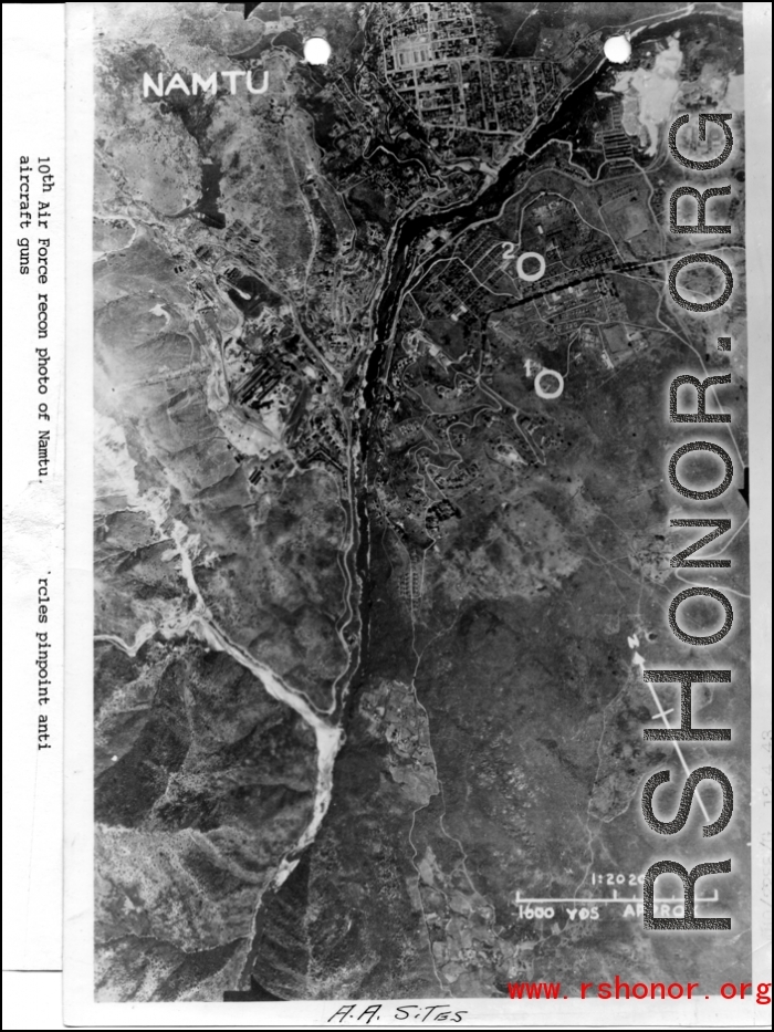 Aerial view of Namti (Namtu), Burma, anti-aircraft guns. 10th Air Force photo. WWII.