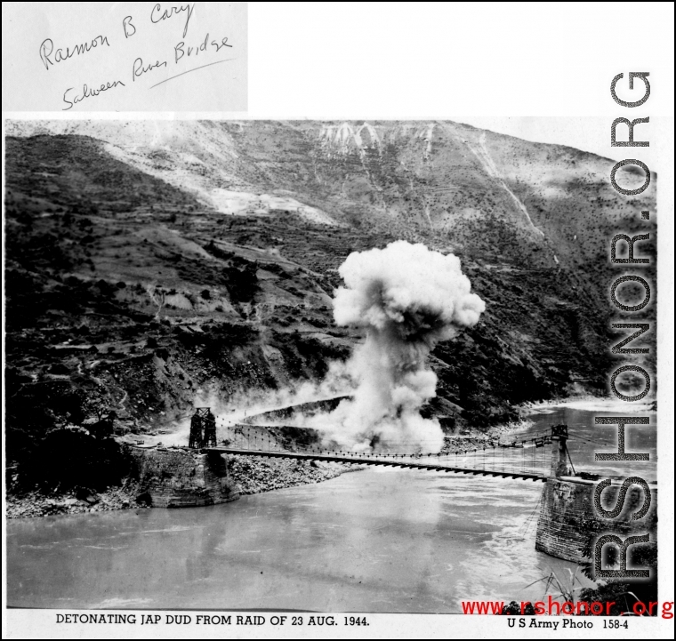 Detonating Japanese dud bomb from raid of August 23, 1944, at the Salween River Bridge.  Photo from Raimon B. Cary.