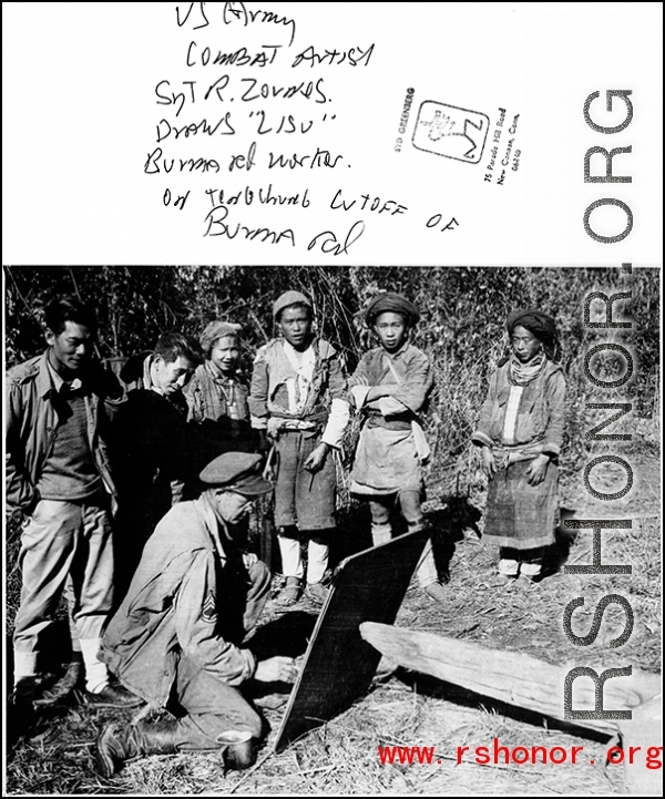 US Army Combat Artist Sgt. R. Zounes draws Lisu Burma Road worker on the Tengchong cutoff of Burma Road.  Photo by Syd Greenberg.