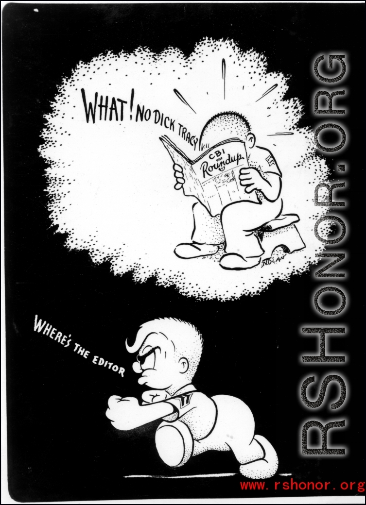 A cartoon about a GI who is upset to not see his favorite comic "Dick Tracy" in the latest CBI Roundup newspaper.