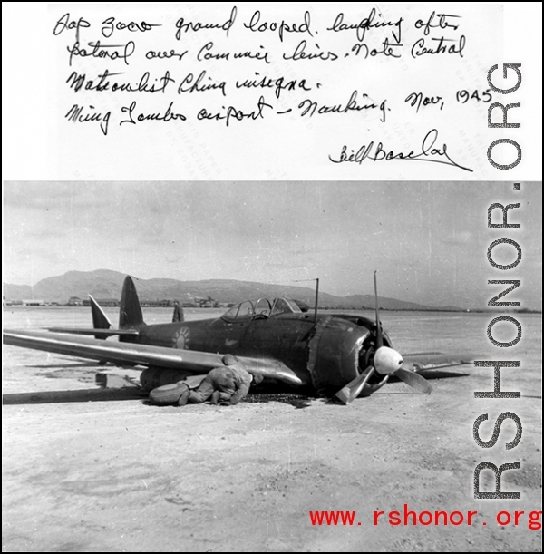 Japanese "Zero" (with Nationalist markings) hard on the ground after ground looping at the airport at Nanjing, China. November, 1945.  Photo from Bill Barclay.