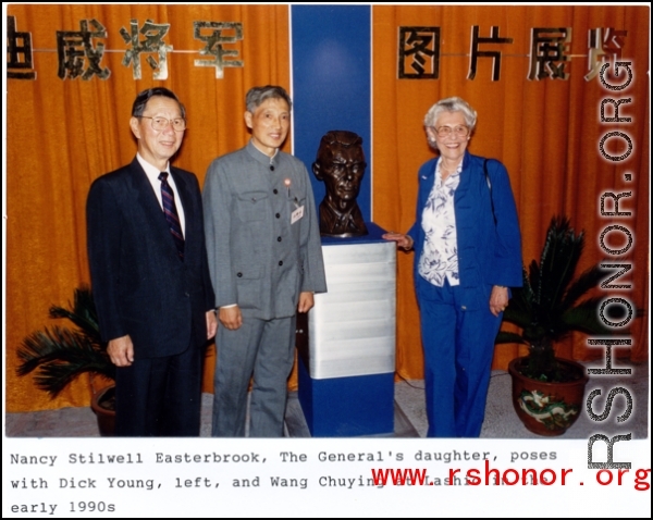 General Joseph Stilwell's daughter, Nancy Stilwell Easterbrook poses with Dick Young, left, and Wang Chuying, at Lashio in the early 1990s.