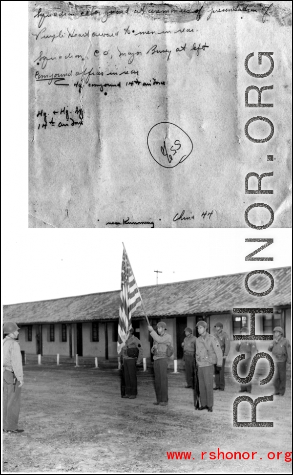 Purple Heart awarding ceremony. Squadron color guard in front of recipients of Purple Heart in the rear. Squadron CO, Major Bundy at left. At HQ compound for 14th Air Force.  Near Kunming, China, in 1944. In the CBI. 