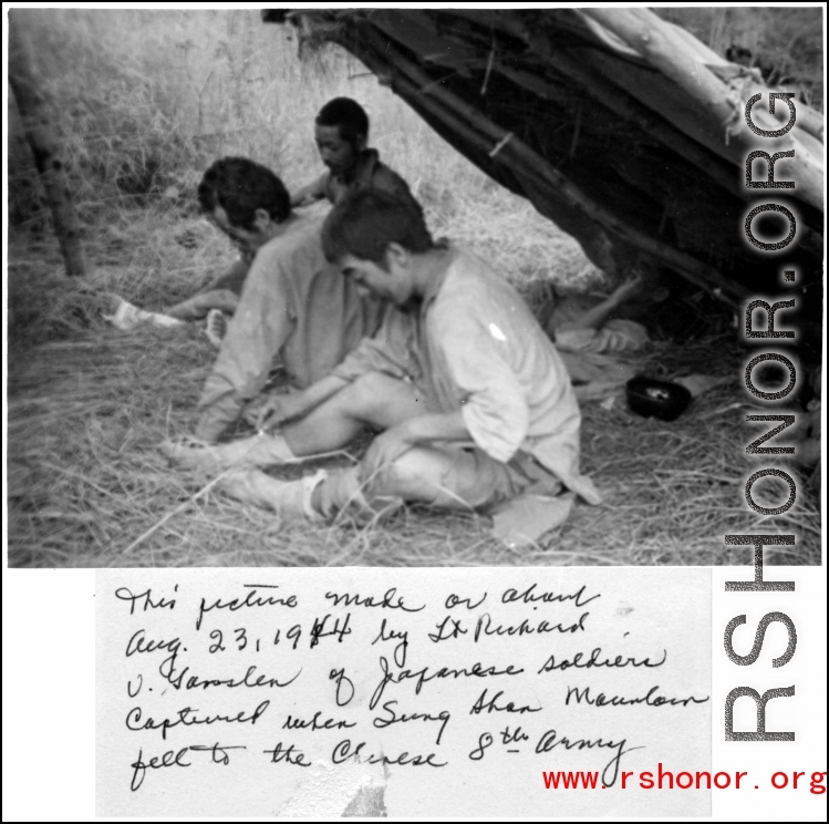 Japanese soldiers captured when Sung Shan Mountain fell to the Chinese 8th Army. Photo taken on or around August 23, 1944.