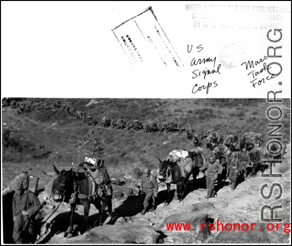 GIs and heavily loaded mule train of the Mars Task Force wending through the hills in the CBI.  U. S. Army Signal Corps photo.