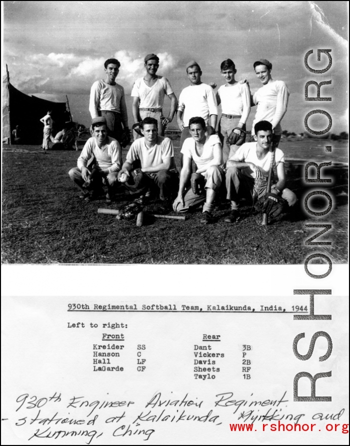 930th Engineer Aviation Regiment softball team, Kalaikunda, India, 1944.