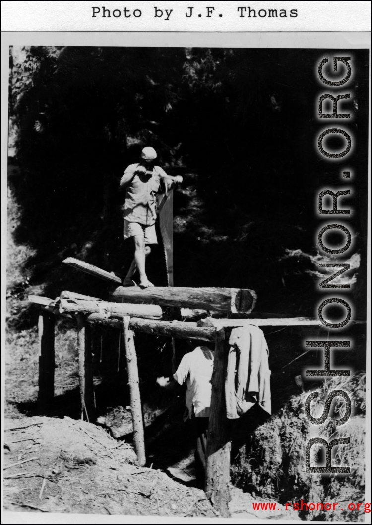 Manual hand-powered saw mill in the CBI during WWII.  Photo by J. F. Thomas.