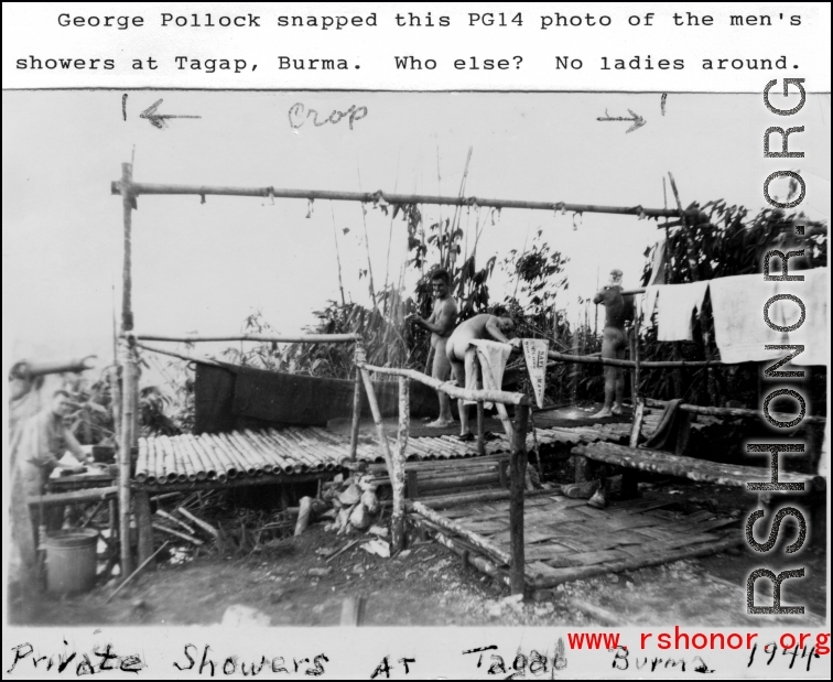 GIs bathing at outdoor showers at Tagap, Burma, during WWII. 1944.