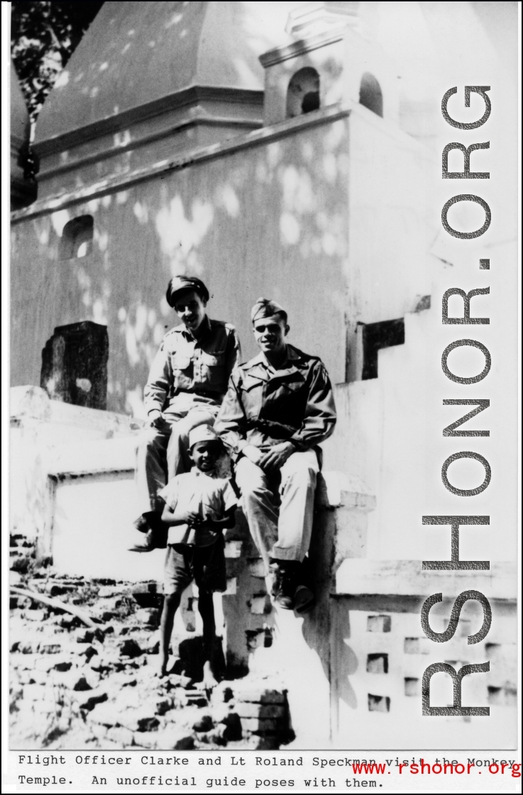 Flight Officer Clarke and Lt. Roland Speckman visit the Monkey Temple, during WWII. An unofficial guide accompanies them.