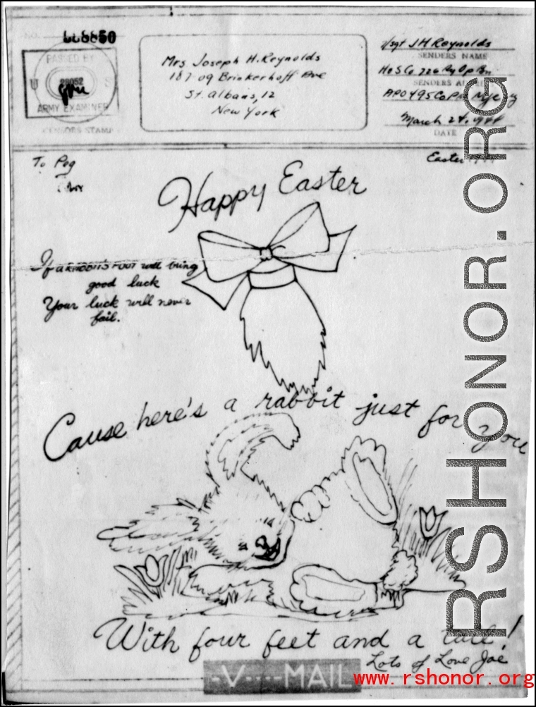 Easter V-Mail from J. H. Reynolds in the CBI, March 24, 1944.