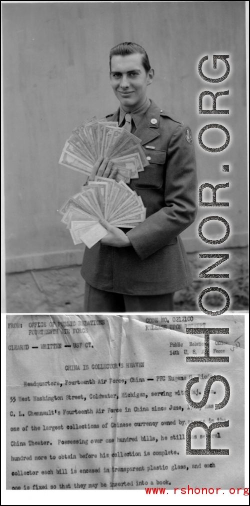 Pfc Eugene Riede holds a large collection of Chinese currency, in China, during WWII.