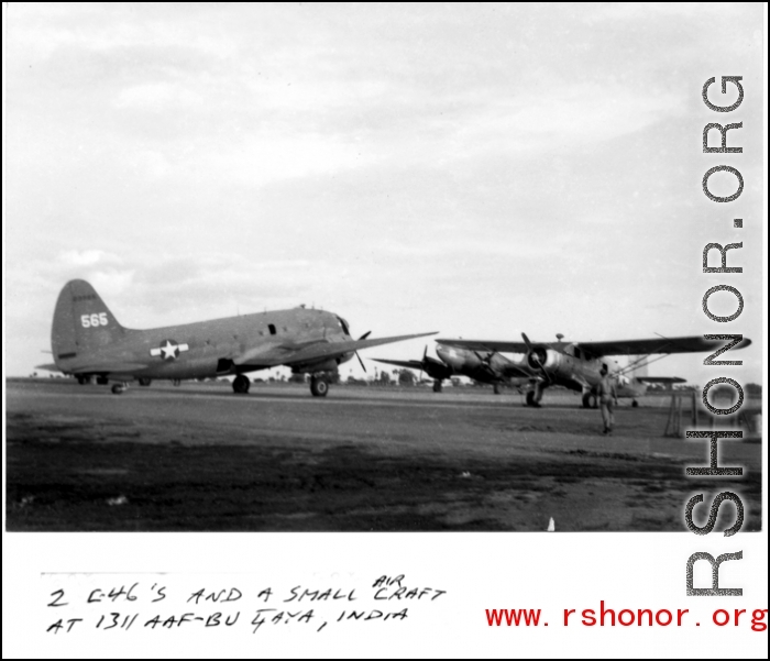 Two C-46's and a smaller aircraft at 1311th AAFBU at Gaya, India, during WWII.