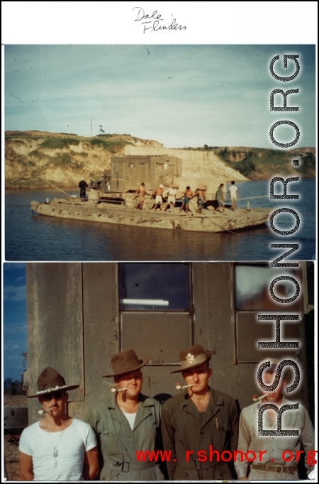 A truck and GIs cross a river by barge in China during WWII.   Photo from Dale Flander.