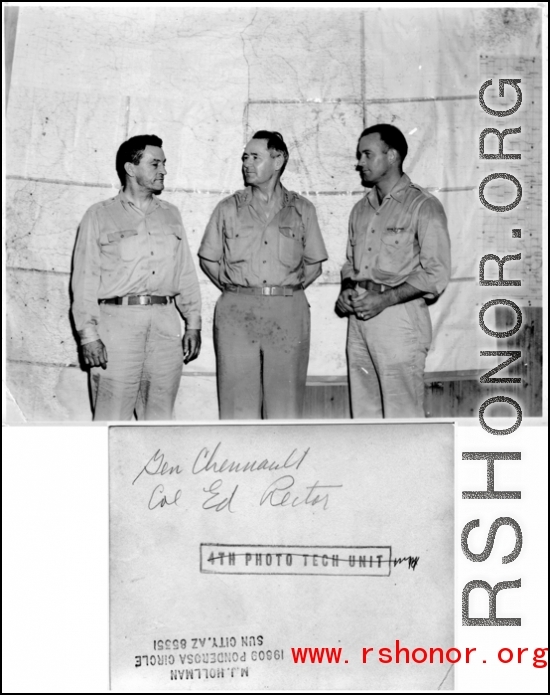 General Chennault and Colonel Ed Rector stand in front of map with another GI, during WWII.  Photo from M. J. Hollman.