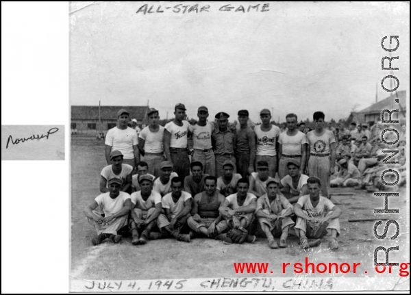 GIs on the term pose in a Chengdu baseball all-star game, July 4, 1945.