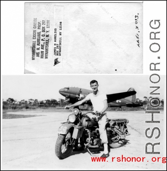 A GI rides a motorcycle at a base in the CBI, while a C-46 transport plane is parked in the background. 1944.  Photo from James H. Aurelius. 