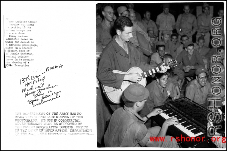 13th Evacuation Hospital medical hospital medics, in Burma, play music on instruments provided by Special Services. During WWII.