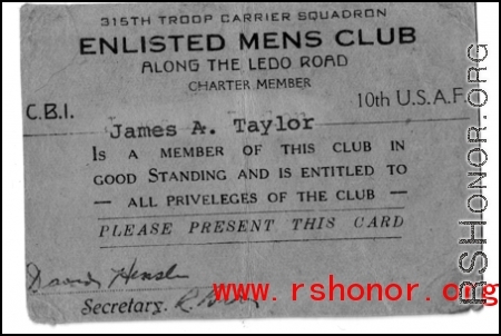 315th Troop Carrier Squadron enlisted men's club card for James A. Taylor, 10th Air Force.