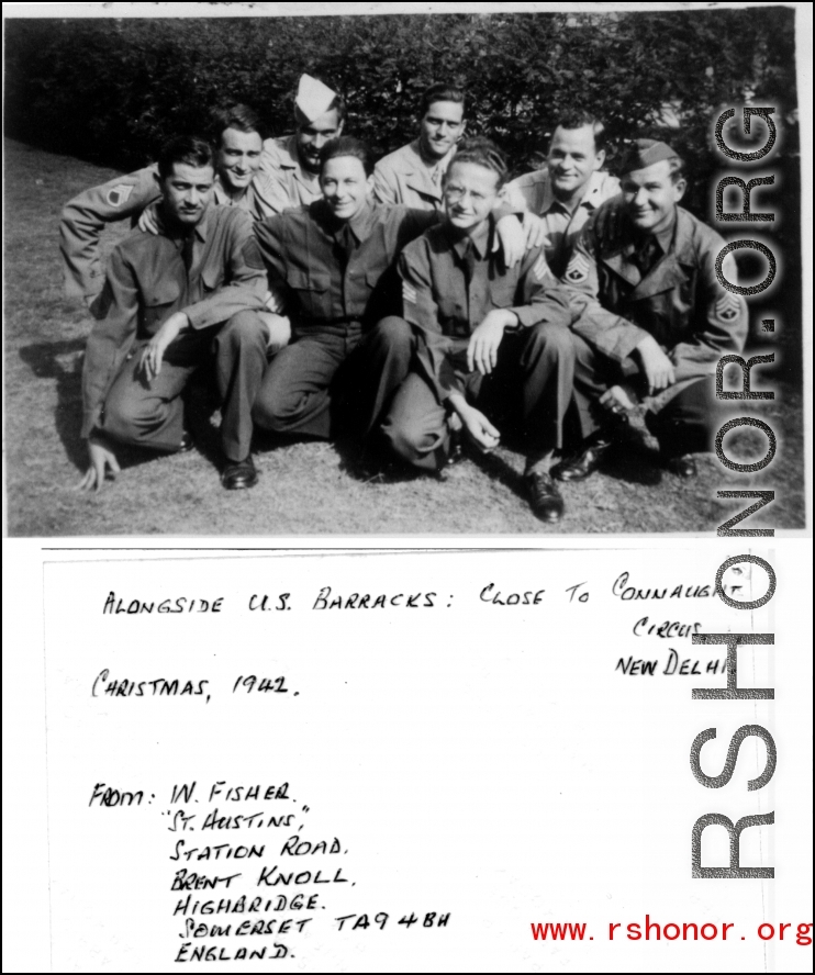 GI group kneels in New Delhi, alongside US barracks, close to Connaught Circus, Christmas, 1942.  Letter from William Fisher in 1984, formerly Sgt. R.A.F., Air H. Q. New Delhi, looking for American war acquaintances such as “Mac” McGuigin, Bob Gifford, and Pete Spellman  Photo and letter from William Fisher.