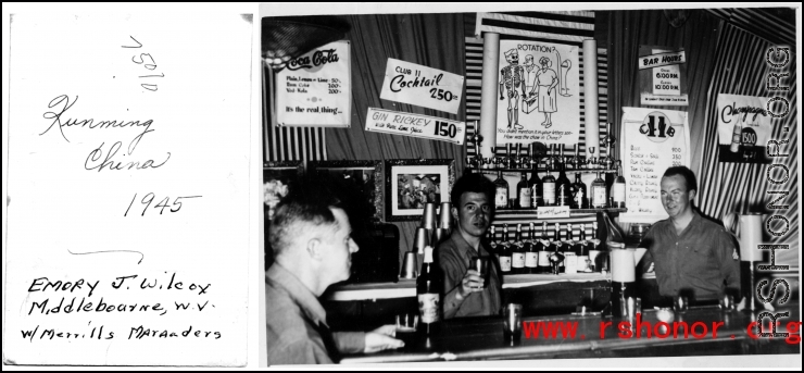 GIs drink in a well-stocked "Club 11" in Kunming, China, in 1945, during WWII.  Photo from Emory J. Wilcox (w/Merrill's Marauders).