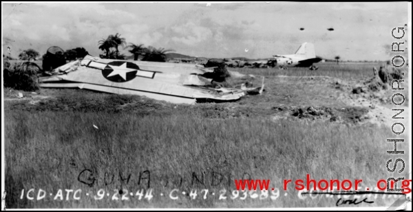 C-47 transport airplane #293689 crashed and burned in a field in the CBI during WWII. September 22, 1944. ICD ATC.