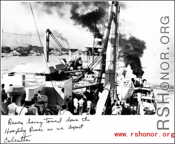 Marine Raven being towed down the Hooghly River as the GIs depart Calcutta on their way home after the war, in 1945.