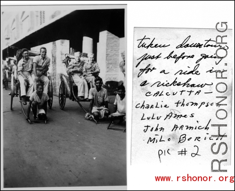 GIs waiting for ride in rickshaws in downtown Calcutta during WWII. Charlie Thompson, Lulu Ames, John Armich, and Milo Borich.