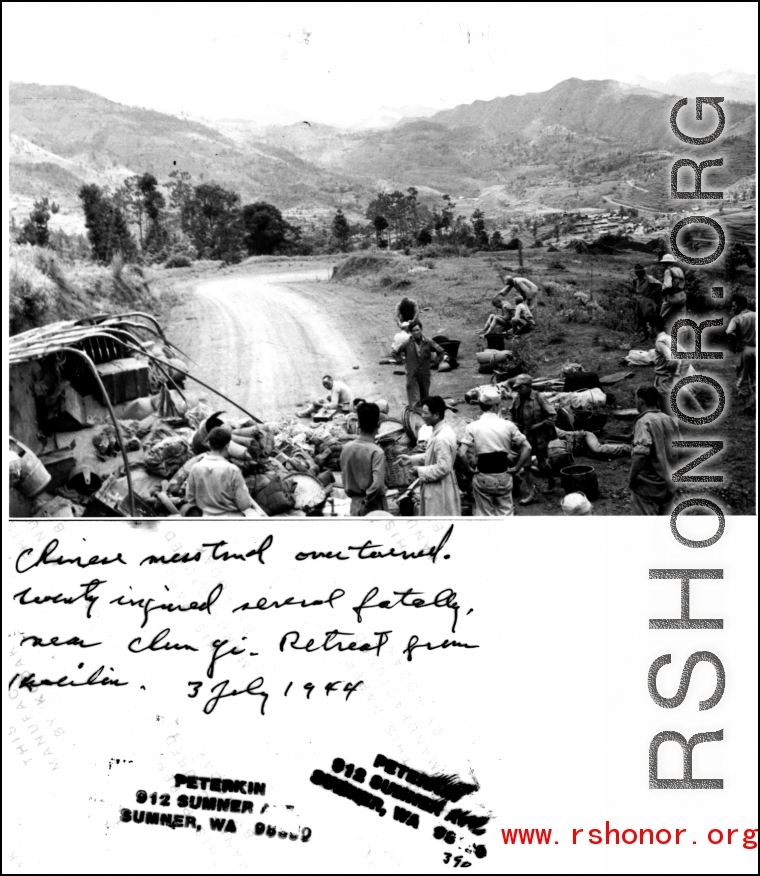 "Chinese mess truck overturned. Twenty injured, several fatally, near Chanyi. Retreat from Kweilin (Guilin). July 3, 1944."  Photo from Peterkin.