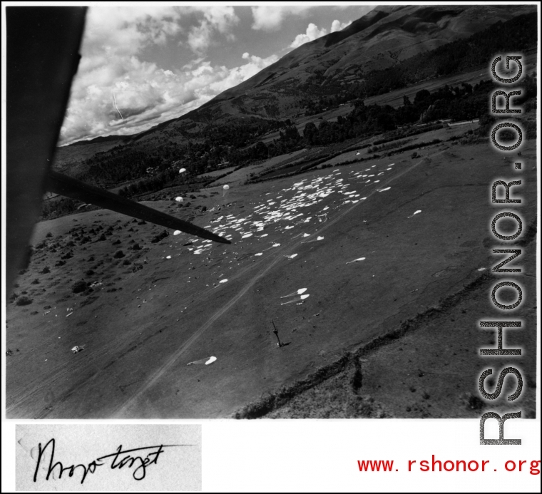 Parachute airdrop of supplies to Allied forces in Burma or SW China. In the CBI during WWII.