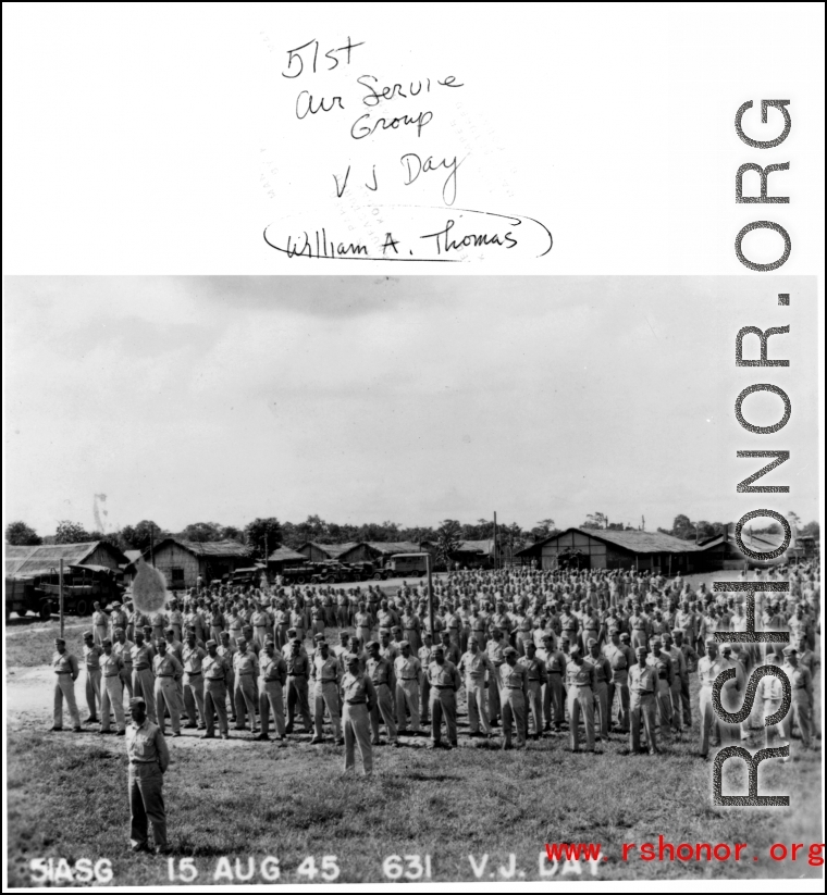 51st Air Service Group VJ Day formation. August 15, 1945.   Photo from William A. Thomas.