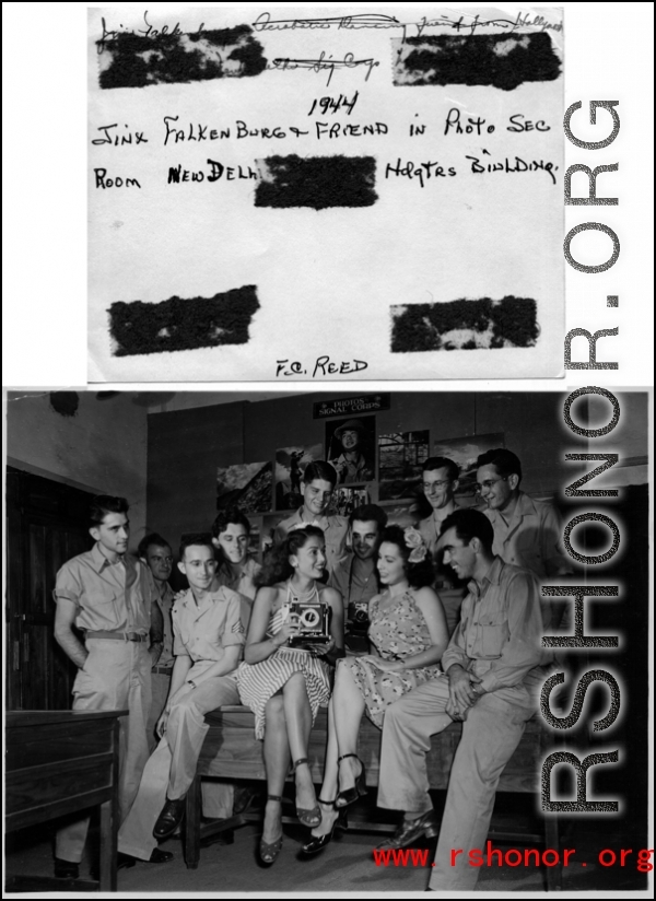 Jinx Falkenberg & Betty Yeaton with appreciative GIs in Photo Section Room, New Delhi, 1944.  In the CBI during WWII.   Photo from F. C. Reed.