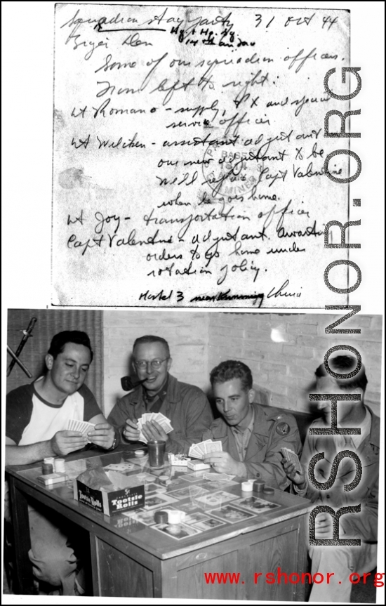 Squadron officers play cards at Tiger Den, Hostel #3, Kunming, on October 31, 1944.