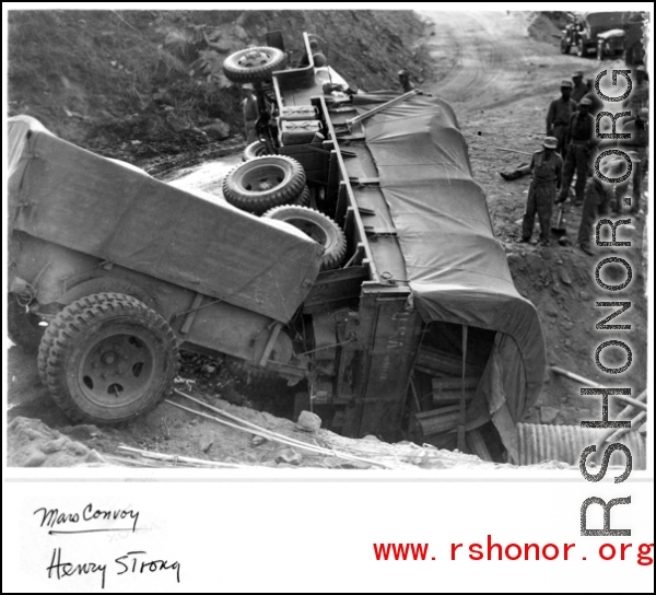 A truck of a Mars Task Force convoy crashed near Burma.  Photo from Henry Strong.