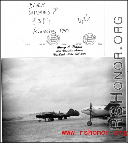 P-38 Black Widows parked in Kunming in the CBI during WWII, 1944.