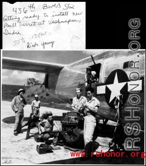 Crew of 436th Bomb Squadron getting ready to install new ball turret on B-24 bomber at Vishnupur, India.   Photo from Dick Young.