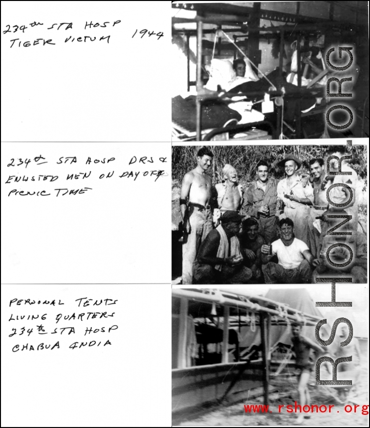 Scenes at the 234th Station Hospital in Chabua, India, during 1944, including a victim of a tiger attack, enlisted men on day off picnic, and personnel tents. During WWII.  Images provided by Michael J. O'Brien.