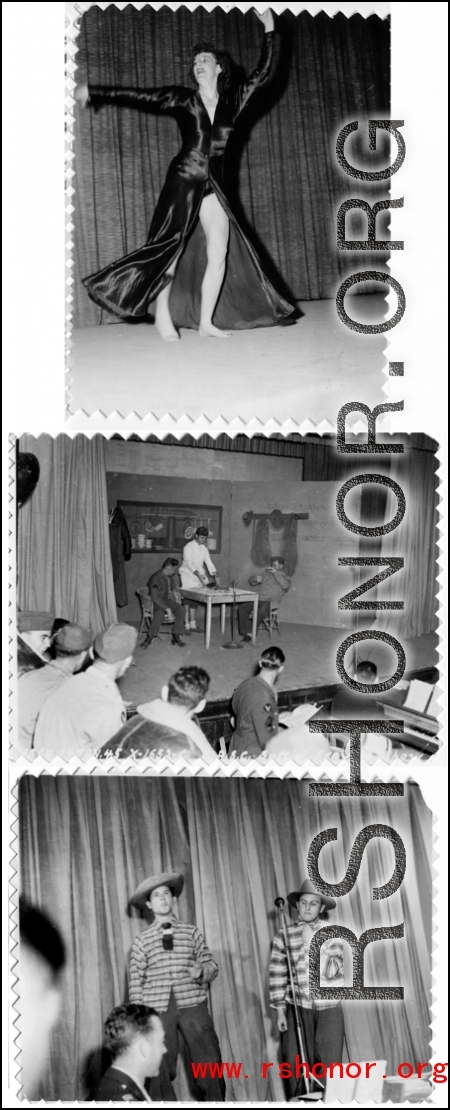 Various scenes from a variety show to entertain the troops in the CBI during WWII.  This particular images seems to be of a "Special Service Show in Kunming, China, Xmas 1944," and may have originally belonged to Addie Bailey.