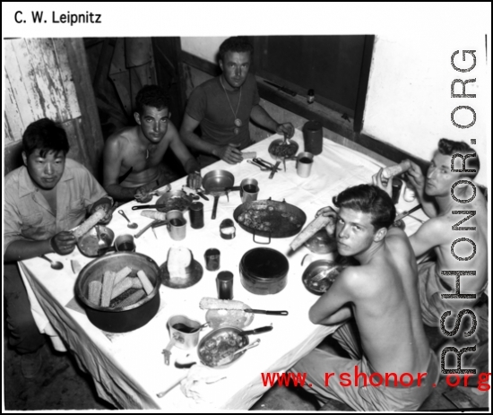 Young GIs enjoy a meal in the CBI during WWII.