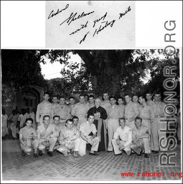 Cardinal Spellman with group of GIs at Hastings Mills, India, during WWII.