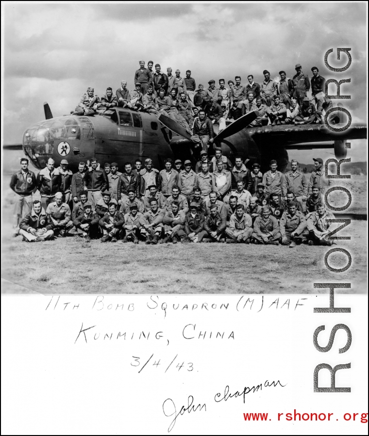 11th Bomb Squadron (M) personnel on a B-25 bomber at Kunming, China. March 4, 1943.  From John Chapman.