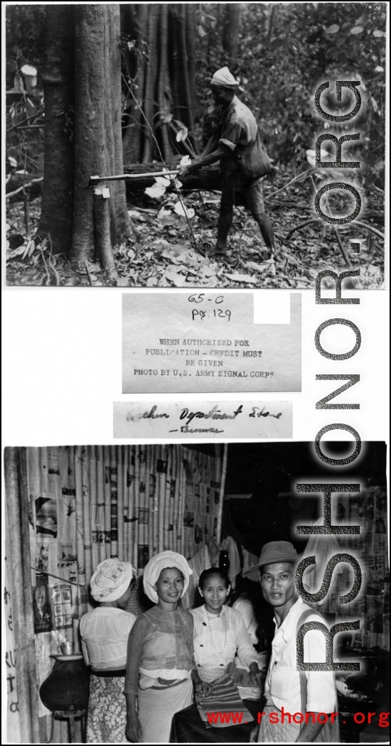 Kachin logger in forest, and "Kachin department store". During WWII.   Photo by US Army Signal Corp.