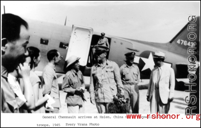 Chennault disembarks from a C-46, #476439, in Xi'an, China, to say farewell to the troops in 1945.