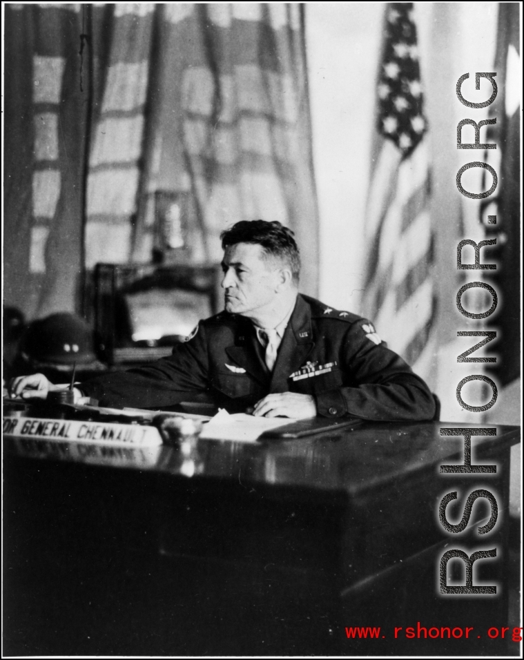 General Claire Chennault at a desk in the CBI during WWII.